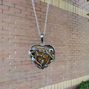 NEW Large Tiger Eye Heart with Leaves Pendant Necklace